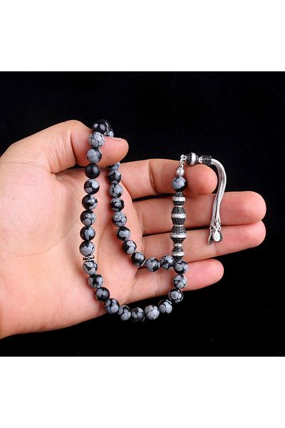 Tesbihsepetim Silver Tassel with Zircon Stone - Obsidian Stone Rosary