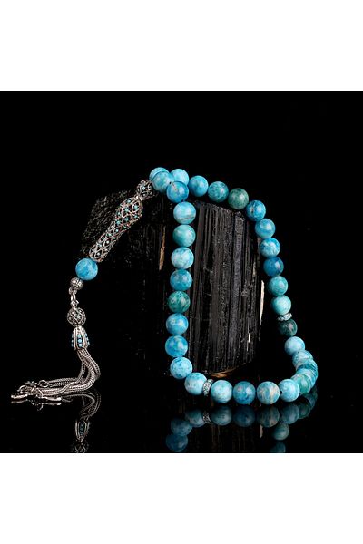 Tesbihsepetim Apatite Rosary with Zircon Stones and Silver Tassels