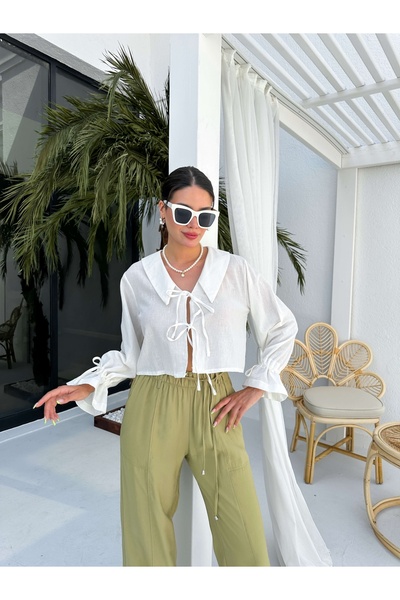 ESRAHELVACI بلوزة إكرو برباط أمامي