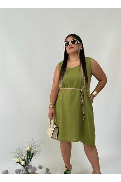 leilas Green Linen Casual Dress - Plus Size, Pocket and Straw Belt