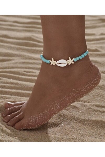 Hazeran accessories Deniz Kabuklu Deniz Yıldızlı Turkuaz Taşlı İp Halhal