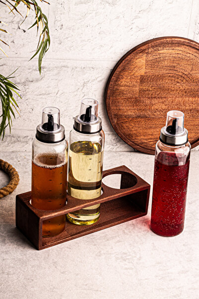 Snippy Oily 3-Piece 500 ml Borosilicate Olive Oil Liquid Vinegar Bottle - Oil Pot with Wooden Stand
