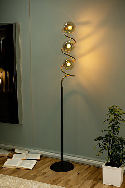 Vinner Vista Eskitme Mat Gold Detaylı Siyah Metal Tek Ayaklı Lambader