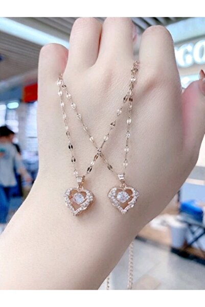 Shisa Jewel Titanyum kolye, Rose Gold renk kalp şeklinde kristal kolye ucu, antialerjik, rose altın rengi.(125)