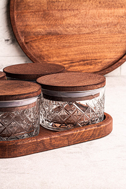 Snippy Milla Kare Tepsili 4'lü Ahşap Vakumlu Kapaklı Cam Kahvaltılık Çok Amaçlı Cam Çerezlik 230 ml