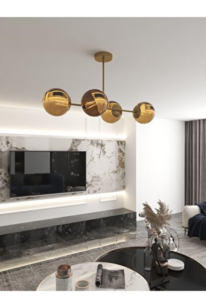 avizade Milora 4'lü Glop Bal Rengi Cam Detaylı Modern Lüks Avize