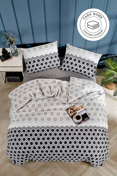 Tabu Home Geometric Sheet Elastic Anthracite Single Duvet Cover Set