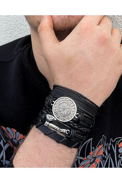 BSN Store Viking 5-Piece Genuine Leather Bracelet with Scandinavian Axe and Compass Figures
