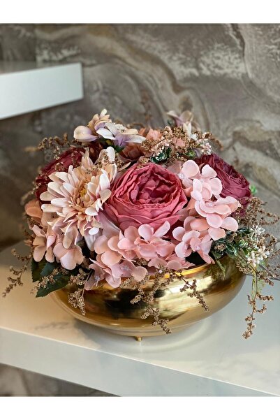 Minemiss Tasarım Yapay Çiçek Aranjmanlı Gold Yassı Vazo Dekoratif - Ekvator G...