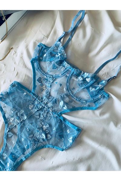 ROZENİN LINGERIE Body transparent cu sârmă, brodat din dantelă albastră