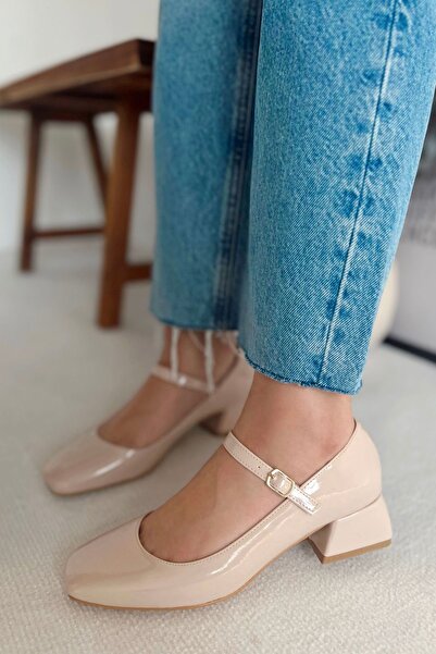 POLKA STORE Grace Beige Nude Nude Patent Leather Closed Back Square Toe Cap Short Block Heeled Women's Shoes