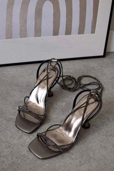 POLKA STORE Pantofi de seară eleganti, cu toc, cu curele la gleznă, cu sclipici, platină, argintiu