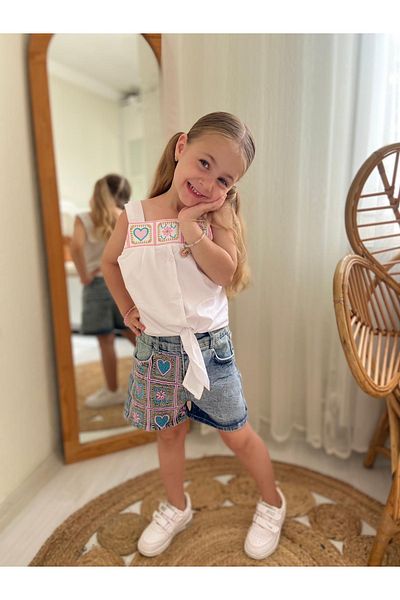 QLAZZA Girls Embroidered Denim Shorts and Blouse Double Set