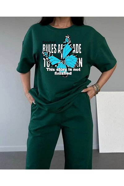 MODARİCH Nefti Green Butterfly Patterned Jogger Tracksuit Set - Crew Neck