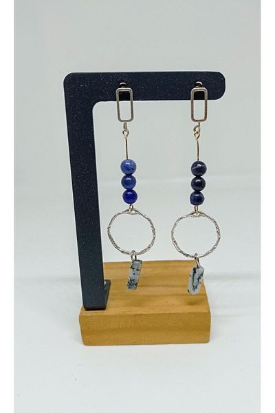 mama india alaçatı Sodalite Stone Round Design Silver Color Brass Stylish earrings No:64