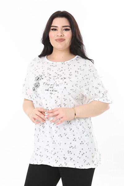 Şans Plus Size Women's Blouse - Bone Collar, Short Sleeve, Crew Neck 65N38007