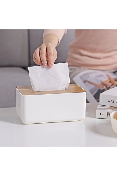 ARVALE Bambu Kapaklı Peçetelik Sunumluk | 21 x 13 x 9 cm Beyaz Renk 1 Adet