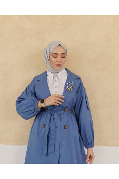 ARL MODA Kadın Oversize Taş Detaylı Düğme Kapamalı Trençkot