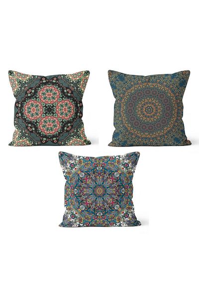PASAJ HOME Ks-139 Double Sided Printed Mandala Patterned 3-Piece Throw Pillow Cover