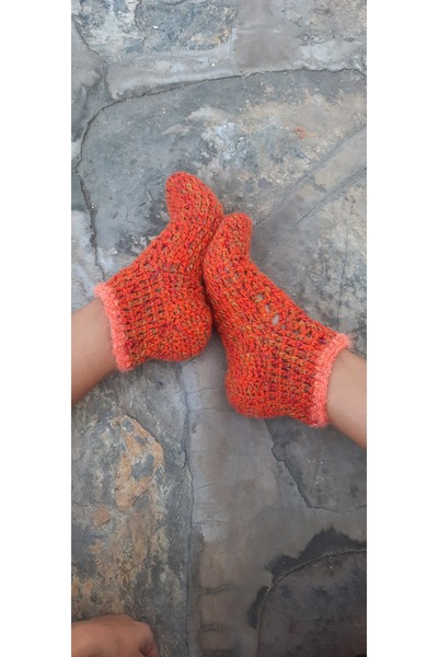 Hippybutik Turuncu Somon Tığ Dokuma Ev Patiği Ev Uyku çorabı