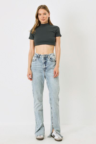 C&City Smoked Women's Crop Bluse - Kurze Ärmel, Stehkragen 922