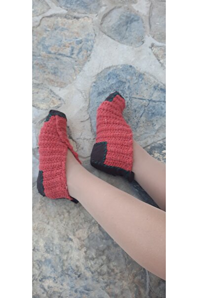 Hippybutik Kiremit Kahverengi Tabanlı Tığ Dokuma El Yapımı Ev Patiği Çarık Unisex