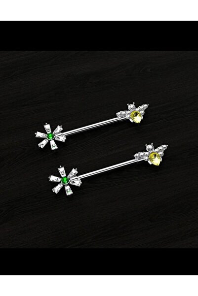 Arescollection cerrahi çelik zirkon taşlı arılı çiçekli nipple meme ucu pierc...