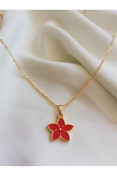 Judas Takı Red Enameled Flower Patterned Women's Necklace