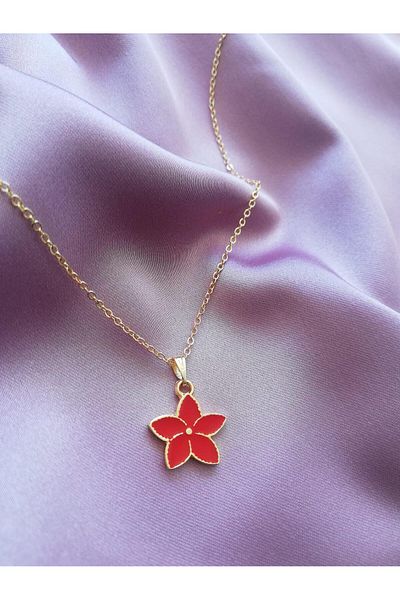 Judas Takı Red Enameled Flower Patterned Women's Necklace