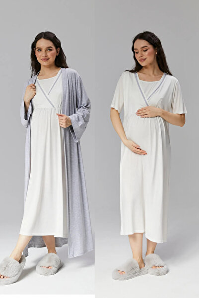 CT MODA طقم صيفي نسائي بتصميم رمادي - 100% قطن، ثوب نوم للأمهات والحوامل، قطعتين