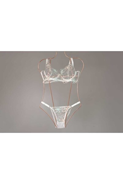 Naz İç Giyim Underwear Çiçek Desenli Brode Bralet Alt Üst Takım - Güpürlü Tül...