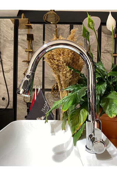 İSAOĞLU YAPI Silver Ginza Spiral Kitchen Faucet Movable Head Sink Faucet Extending Kitchen Faucet