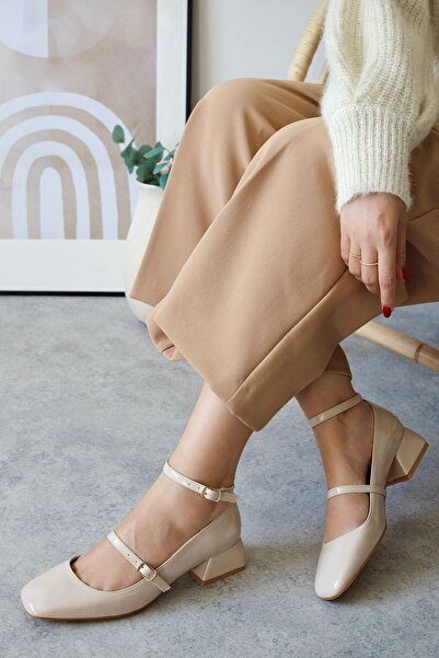 POLKA STORE Beige Patent Leather Mary Jane - Square Toe, Helmet, Short Block Heeled Women's Shoes