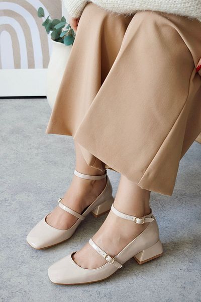 POLKA STORE Beige Patent Leather Mary Jane - Square Toe, Helmet, Short Block Heeled Women's Shoes