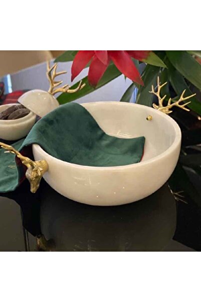 MIARIK DESIGN & DEKORASYON Dekoratıf Geyık Kulplu Beyaz Mermer Kase