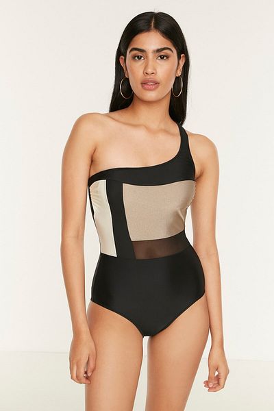 C&City One-Shoulder-Badeanzug aus Tüll 7534 Beige