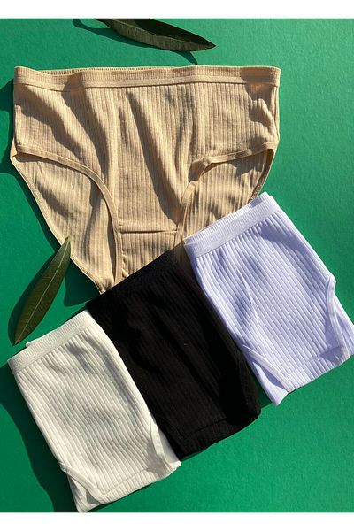 VicTroy Women's 4-Piece Cotton Ribbed Lycra Women's Triangle Panties Skin, Black, White and Ecru