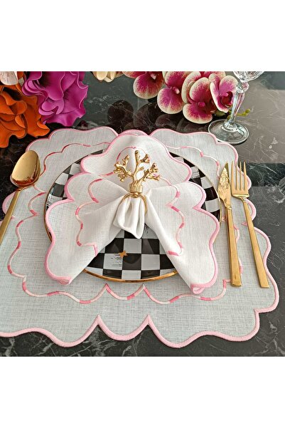 LASETU 2 Pieces Pink and Marbled Detailed Placemat Stain Resistant Fabric