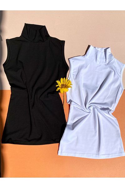 VicTroy 2 Pieces Black and White Color Turtleneck Turtleneck Zero Sleeve (SLEEVELESS) Cotton Bodysuit (BADİ)