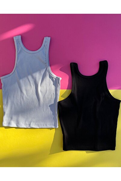 VicTroy Corded 2-Piece Black and Gray Cotton Half Tank Top-Crop