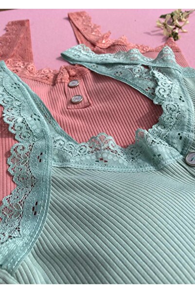 VicTroy Δαντέλα λουράκι-ραβδωτή, βαμβακερή 1 τεμ. Πράσινη μαξιλαράκι με κουμπιά λεπτομέρειας ριμπ γυναικεία μπλούζα-μπλούζα 64V34