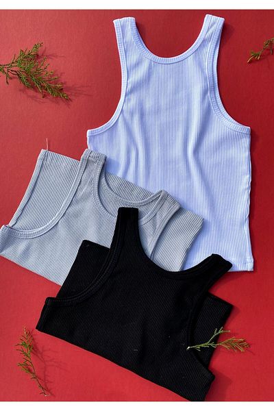 VicTroy Open Waist 3-Piece Black, White and Gray Stretchy Cotton Camisole Navel Top Women's Athlete-crop