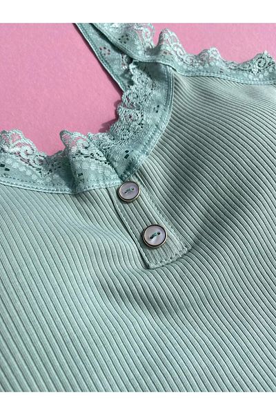 VicTroy Lace Strap-Ribana, Cotton 1 Piece Green Padded Button Detailed Corded Women's Athlete-Blouse 64V34