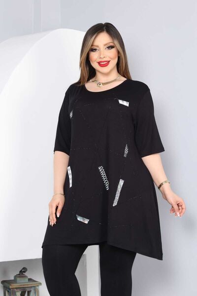 vividbutik Asymmetric Cut Black Stone Detailed Tunic Blouse