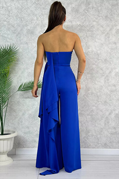 GÜLSELİ Βραδινό φόρεμα Sax Blue με στράπλες και λεπτομέρεια φύλλου - Loose Cut Style