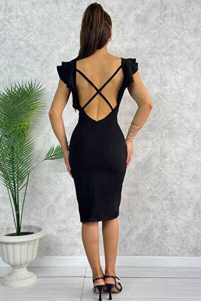 GÜLSELİ Μαύρο βραδινό φόρεμα - πίσω σταυρωτό βολάν