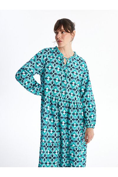 LC Waikiki LCW Damenkleid mit langen Ärmeln und gemustertem Kragen