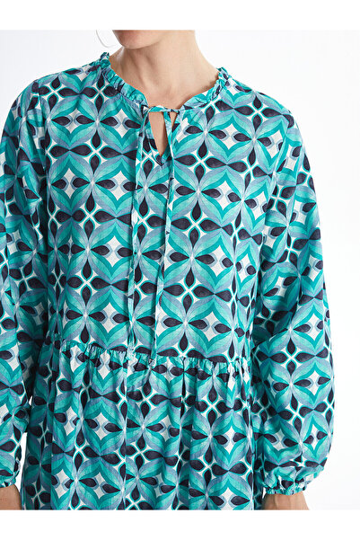 LC Waikiki Vzorované dámské šaty s dlouhým rukávem - zavazovací límec LCW