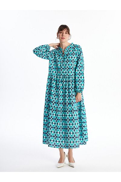 LC Waikiki LCW Damenkleid mit langen Ärmeln und gemustertem Kragen