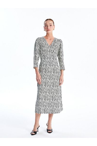 LC Waikiki LCW Gemustertes Damenkleid mit V-Ausschnitt